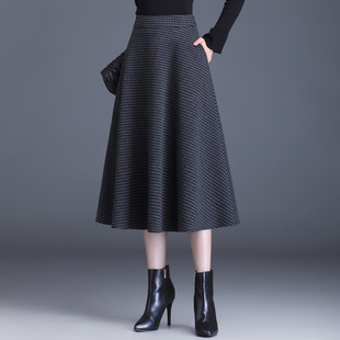 毛呢半身裙加厚女秋冬季高腰中长款百褶伞裙百搭千鸟格a字大裙摆