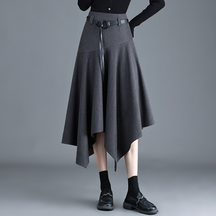 加厚毛呢不规则半身裙女2025秋冬季新款遮胯中长款时尚高腰a字裙