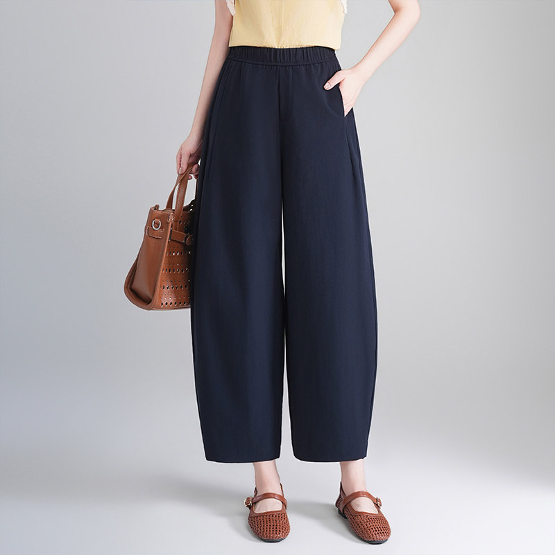 藏蓝色休闲九分气球裤女裤子2026春夏季薄款显瘦小个子阔腿弯刀裤