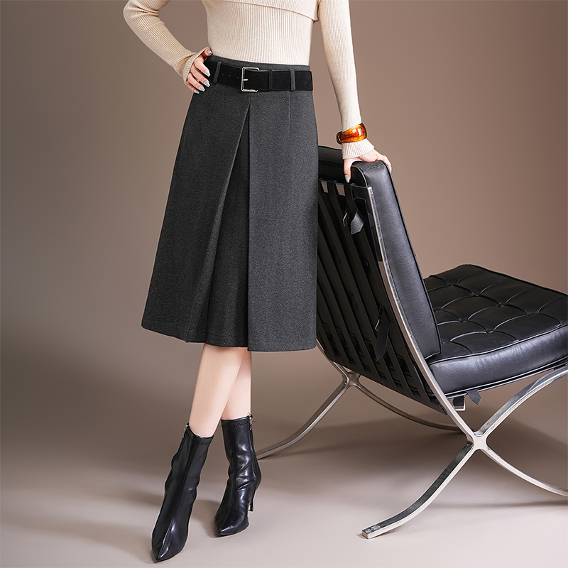 配腰带2025秋冬新韩版高腰显瘦毛呢a字半身裙百搭时尚遮胯中长裙