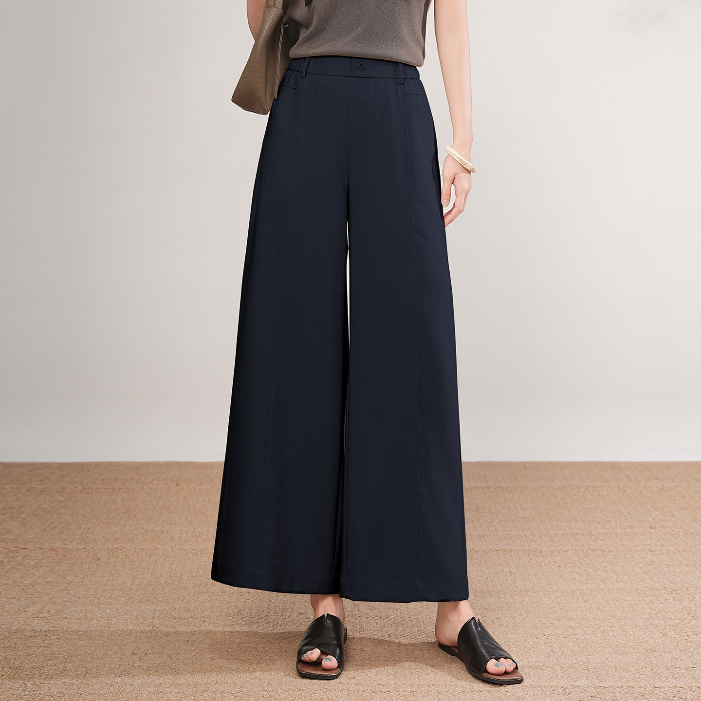 藏青色阔腿休闲裤子女高腰显瘦2026春夏季薄款垂感宽松西装直筒裤