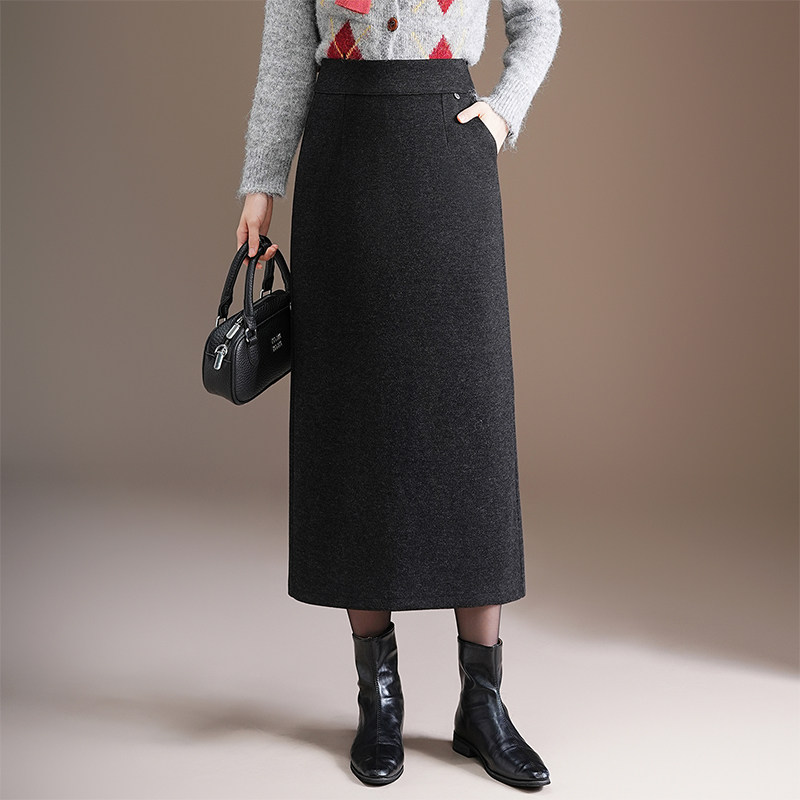 时尚羊绒呢半身裙女2025秋冬长裙直筒裙高腰收腹遮肚子显瘦包臀裙