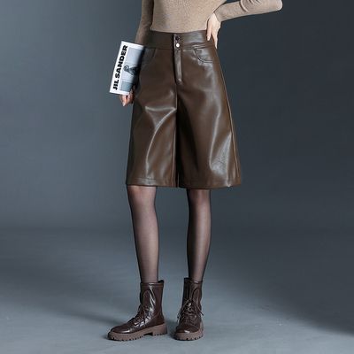 2025新款短裤高腰六分裤皮裤女秋冬外穿显瘦阔腿裤宽松五分裤中裤