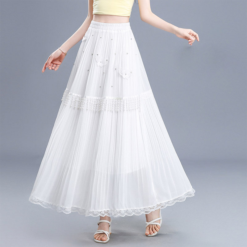 白色雪纺花边半身裙女2026春夏季长裙高腰显瘦垂感烫钻a字仙女裙