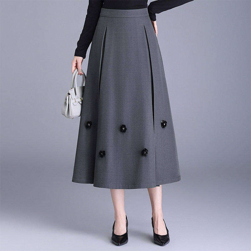 灰色手工钉花半身裙女2026春季新款高腰显瘦中长款a字西装大摆裙