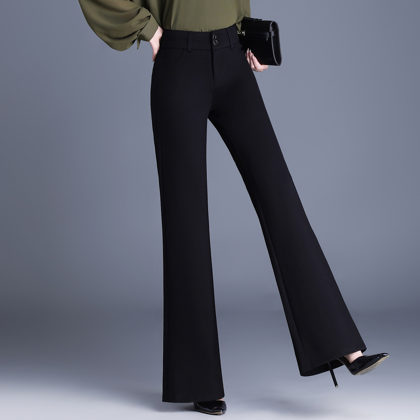 加大码200斤胖mm黑色微喇裤女春高腰弹力垂感休闲西装喇叭裤子