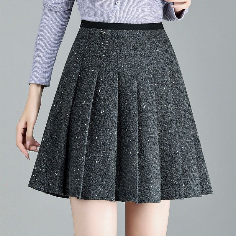 毛呢金片百褶裙短裙女秋冬季2025新款高腰显瘦遮胯a字伞裙半身裙
