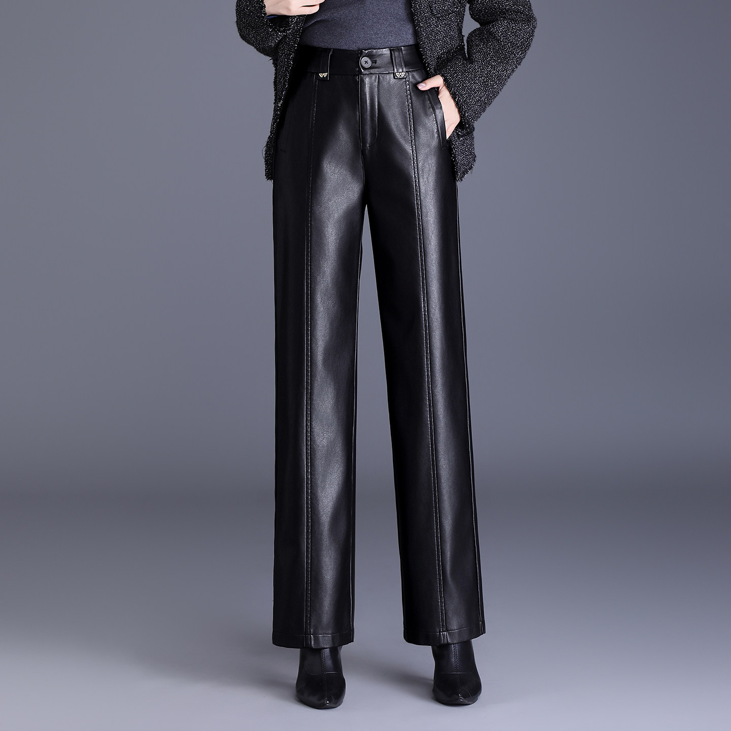 皮裤女秋冬裤子长裤2025新款宽松阔腿裤高腰直筒垂感PU皮休闲裤子