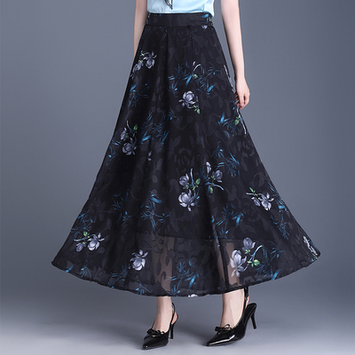 夏季印花雪纺半身裙气质高腰百搭a字裙飘逸广场舞大摆显瘦长裙子