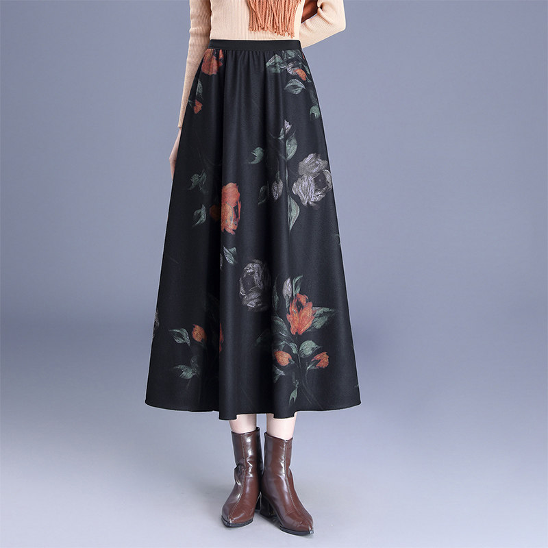 复古印花半身裙女秋冬高腰显瘦遮胯时尚两面穿毛呢丝绒长裙a字裙