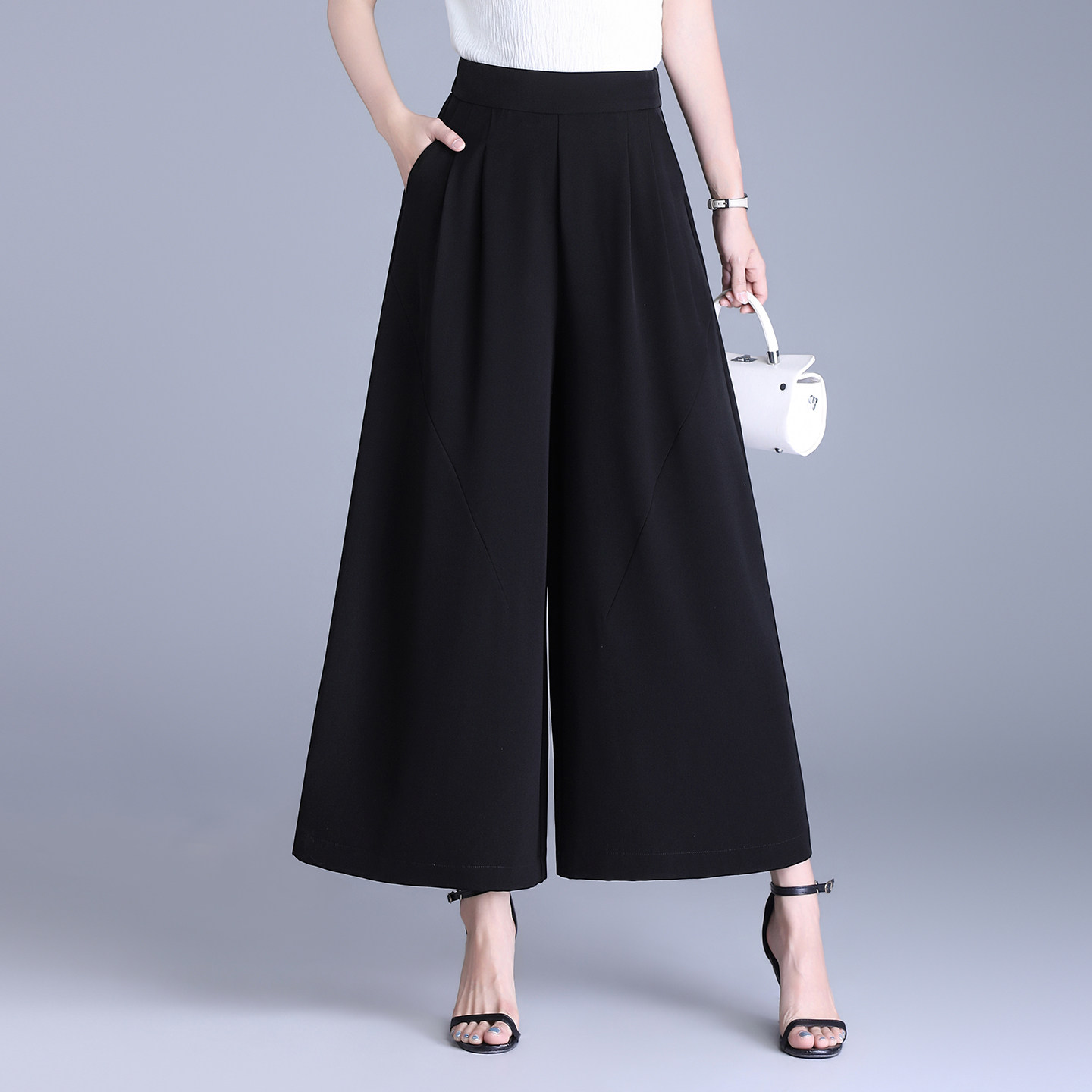 黑色阔腿裤女春夏季薄款垂感高腰九分裤显瘦宽松裙裤小个子休闲裤