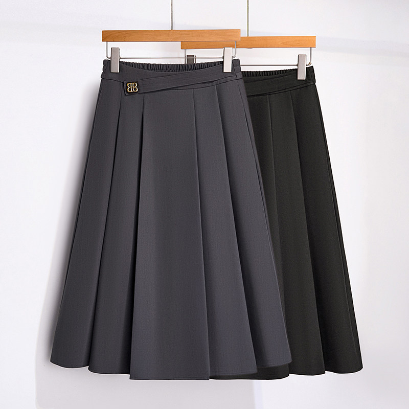 西装半身裙松紧高腰中长款灰色百褶大摆裙春秋半裙宽松显瘦a字裙