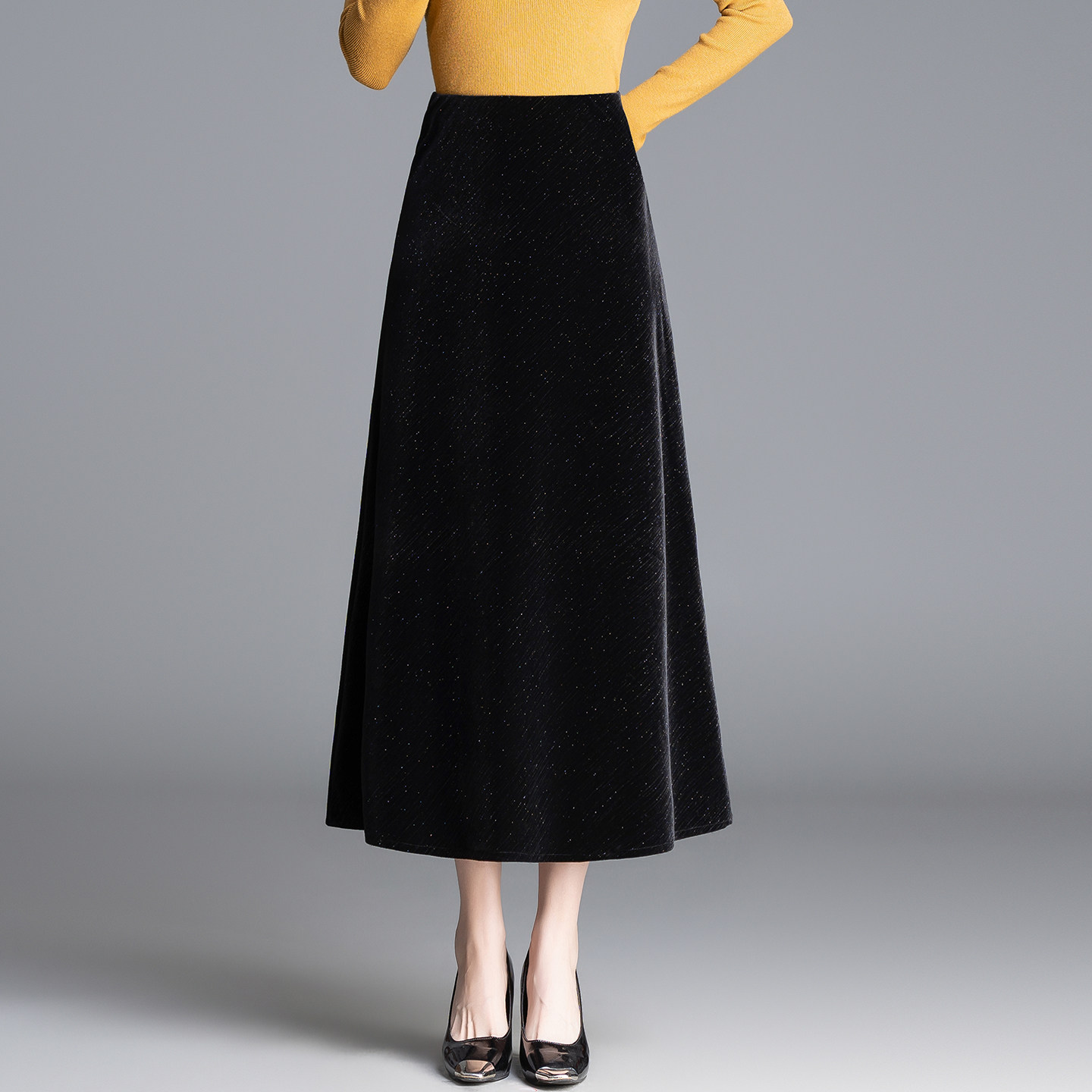 黑色a字长裙女秋冬裙子2026新款高腰显瘦垂坠感亮丝金丝绒半身裙