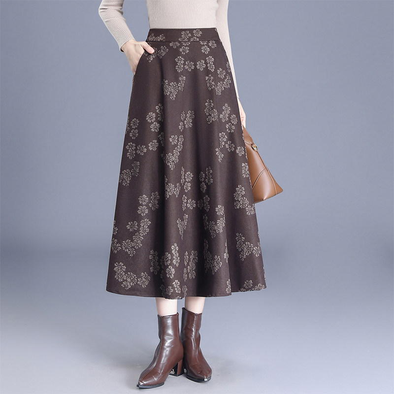 印花毛呢半身裙女秋冬2025新款高腰显瘦中长款两面穿蕾丝a字裙子