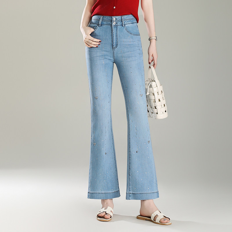 带钻满天星微喇牛仔裤女小个子2026春季新高腰显瘦加长九分喇叭裤