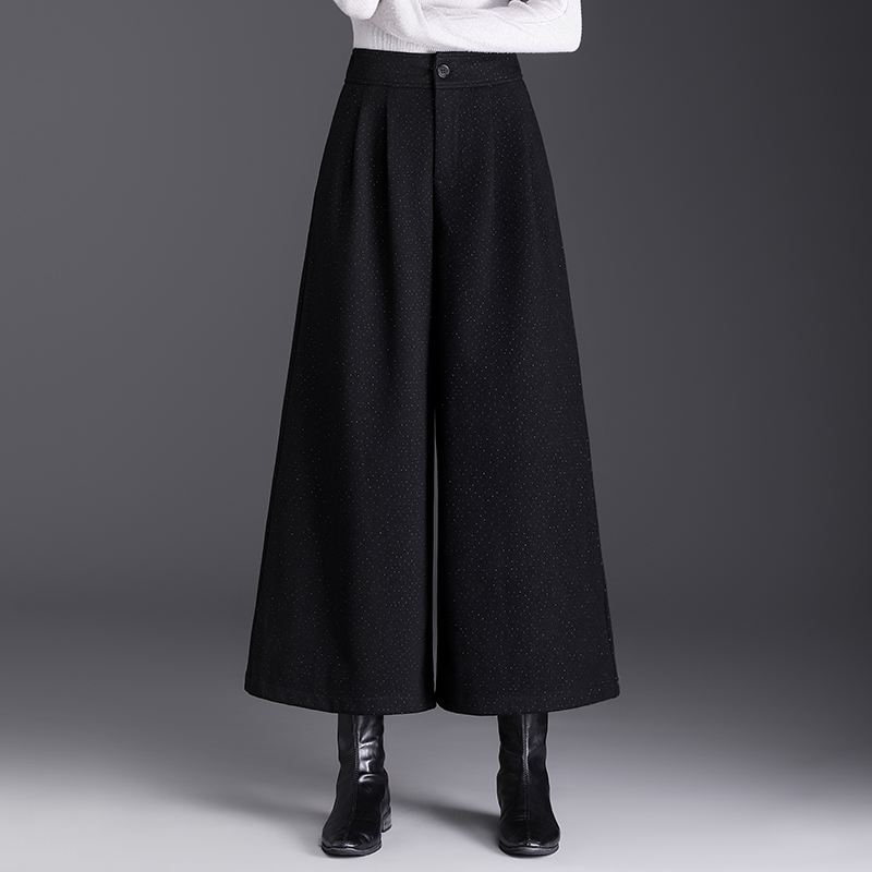 黑色毛呢裙裤休闲阔腿裤女秋冬2025新款加厚高腰宽松显瘦九分裤子
