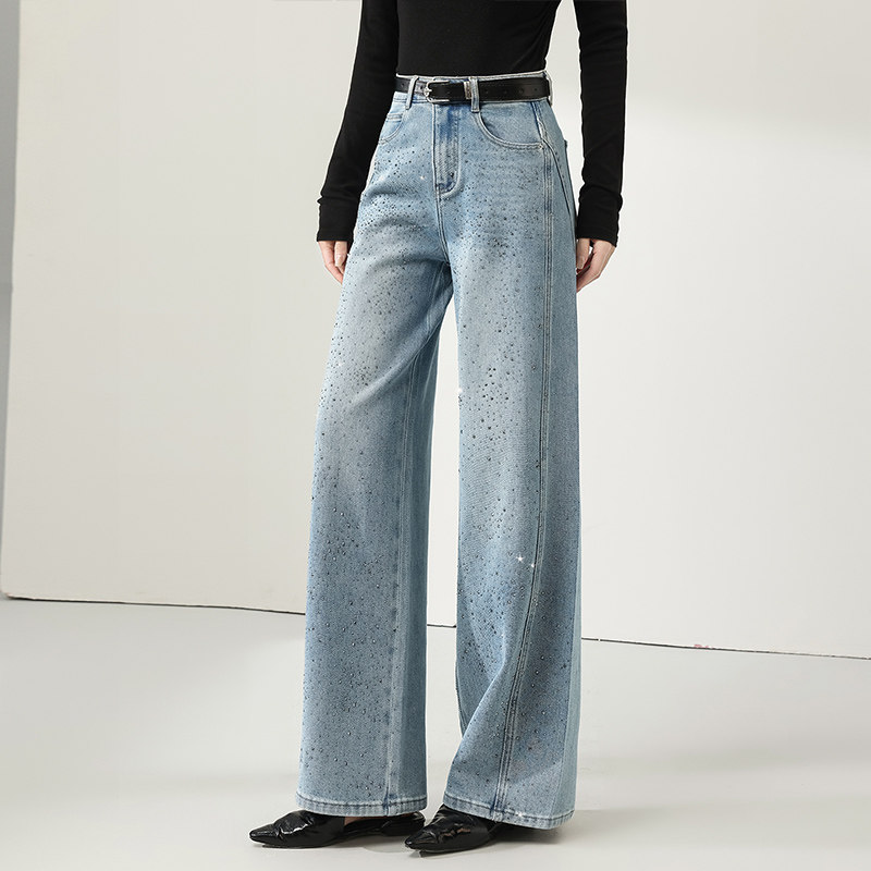 爆款满钻浅蓝色牛仔阔腿裤女2026春季新款高腰遮胯显瘦弯刀直筒裤