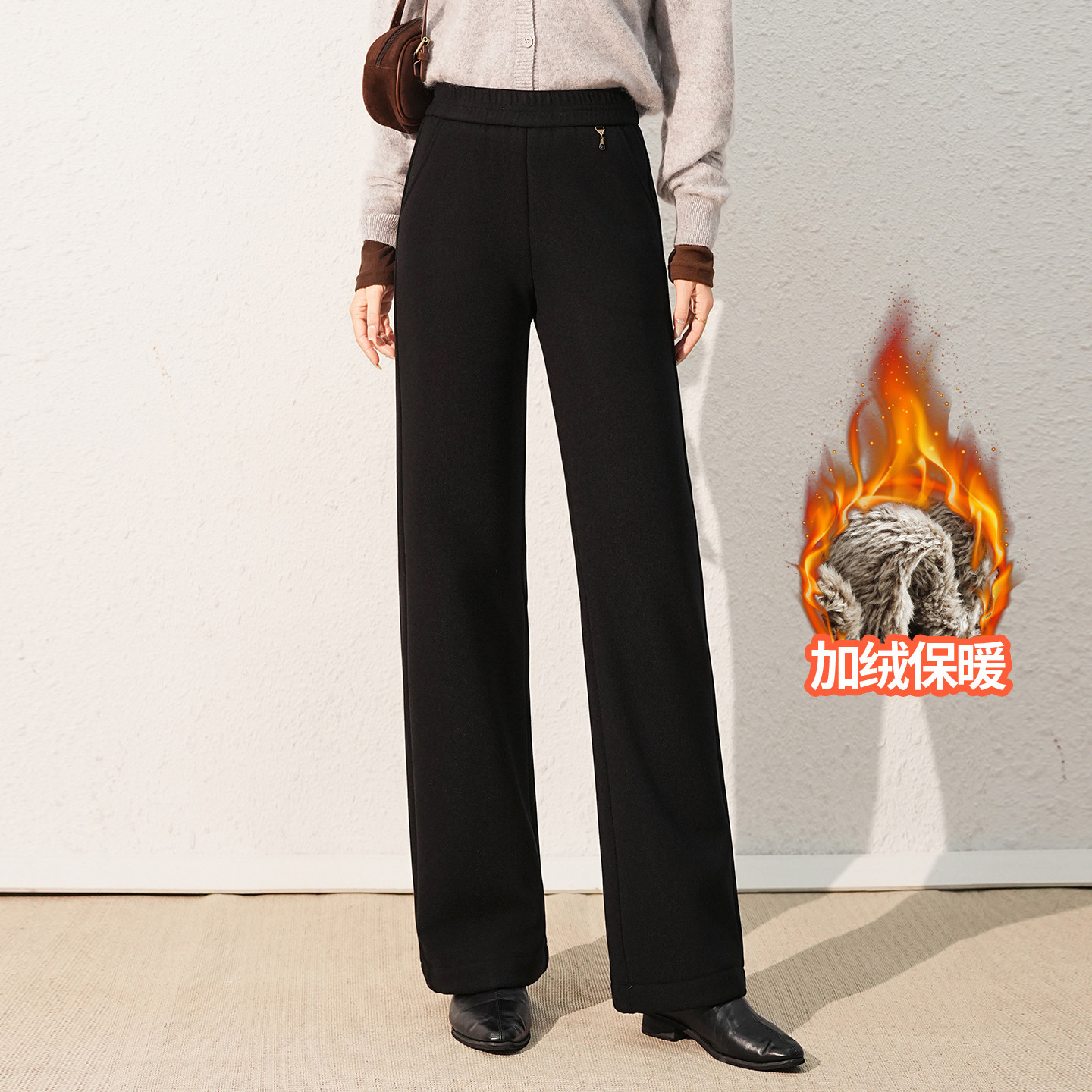 加绒阔腿裤女冬季新款加厚高腰妈妈裤子宽松显瘦百搭黑色直筒长裤