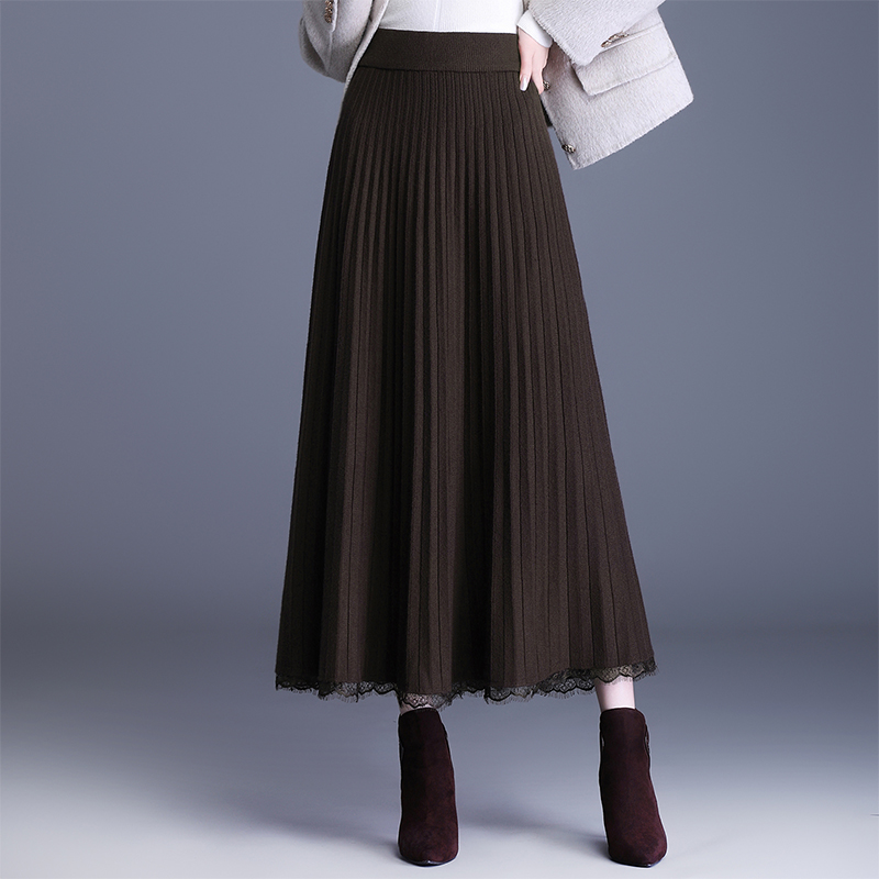 蕾丝边百褶毛线半身裙女秋冬2025新款加厚针织大摆长裙显瘦a字裙