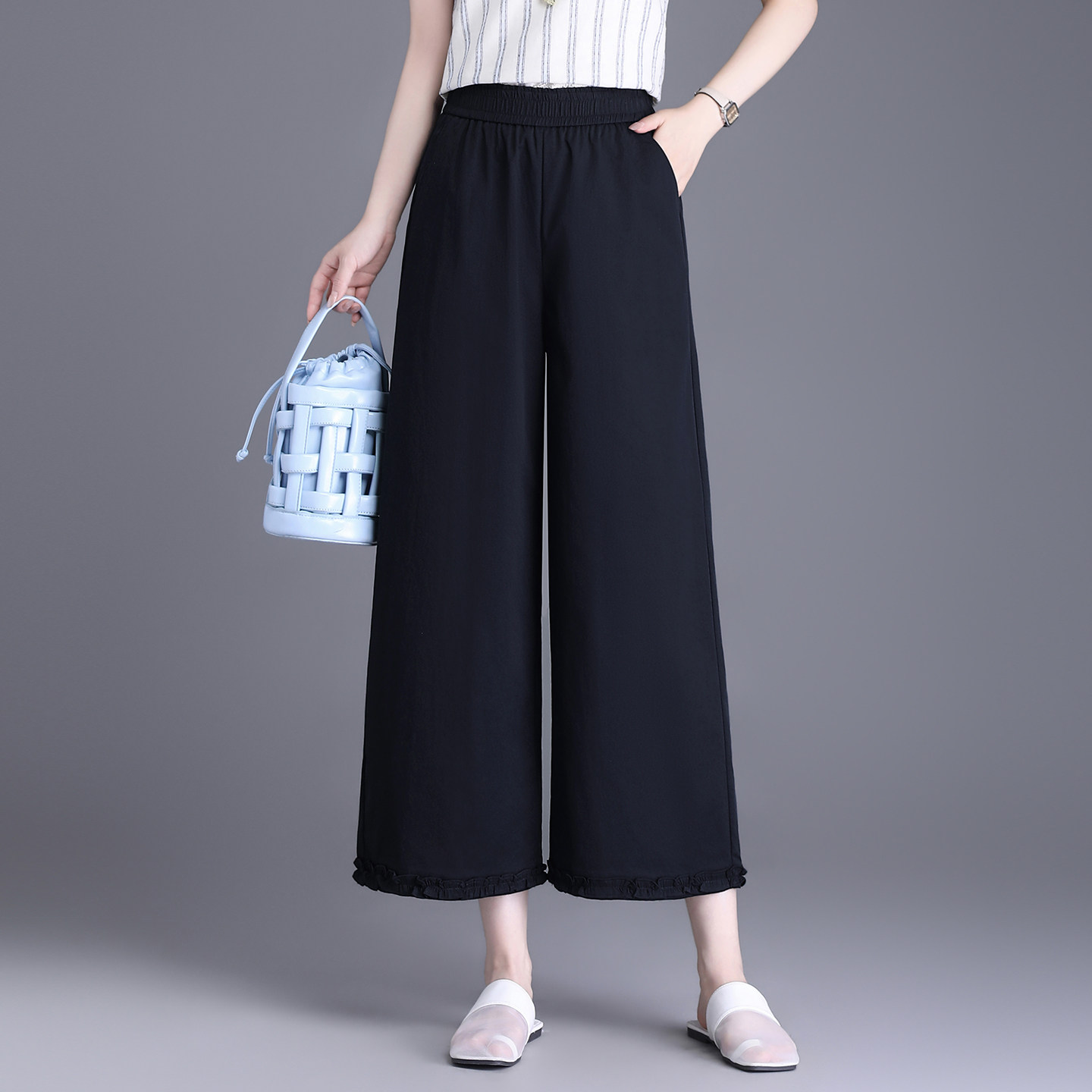 时尚小众阔腿裤女2026夏薄款垂感宽松直筒花边休闲裤小个子八分裤