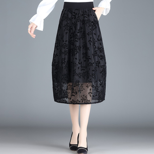 黑色植绒网纱灯笼裙女中长款春秋高腰显瘦半身裙时尚百搭花苞裙夏
