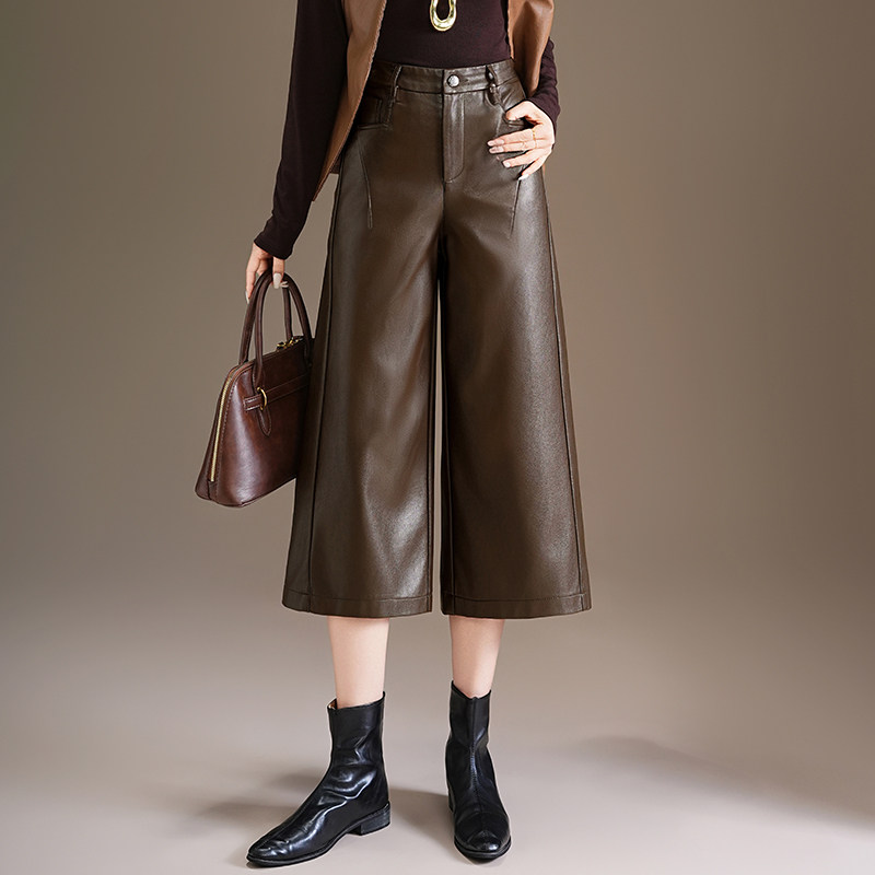 秋冬新款皮裤女加厚七分裤高腰显瘦小个子阔腿裤pu裤子九分直筒裤