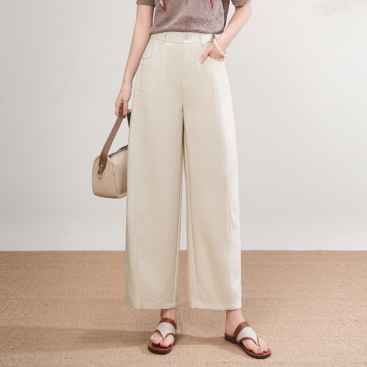 通勤亚麻休闲裤九分裤女2026年春夏季薄款高腰宽松显瘦西装阔腿裤