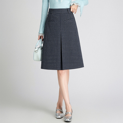 韩版学院风格纹半身裙女中裙2025秋冬季新款高腰小个子毛呢a字裙