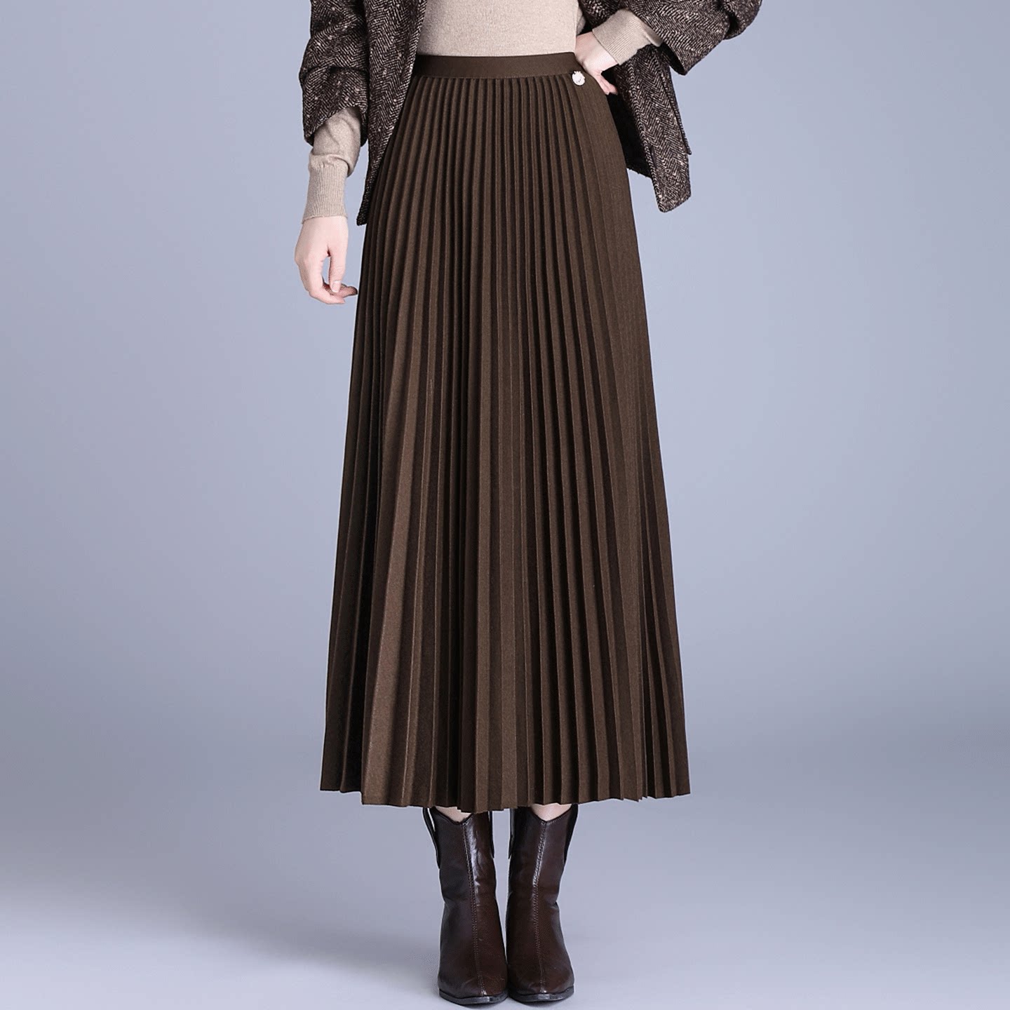 毛呢风琴百褶裙加厚高级感长裙女2025新款秋冬垂感半身裙保暖冬裙