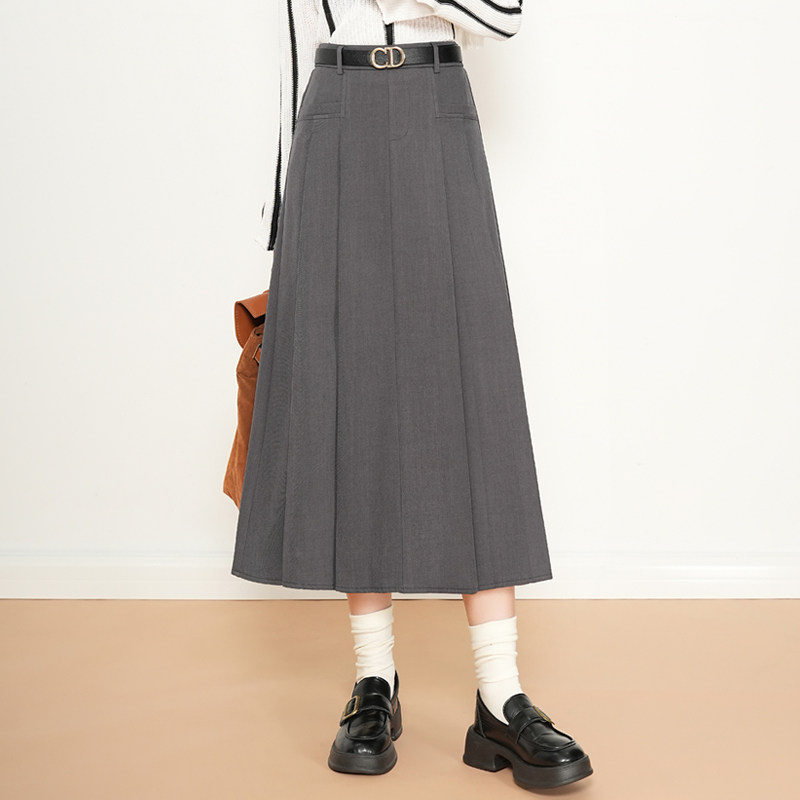西装半身裙女2025年秋装新款灰色长款大摆高腰气质显瘦百褶a字裙
