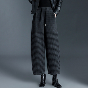 加绒毛呢阔腿九分哈伦裤女高腰冬季中老年宽松遮肉休闲格子弯刀裤