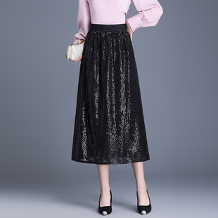 亮片半身裙女春款2025新款亮晶晶黑色高腰显瘦中长款亮片a字裙子