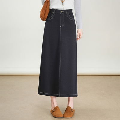 春秋深蓝色牛仔半身裙女2025新款高腰弹力a字直筒一步裙显瘦长裙