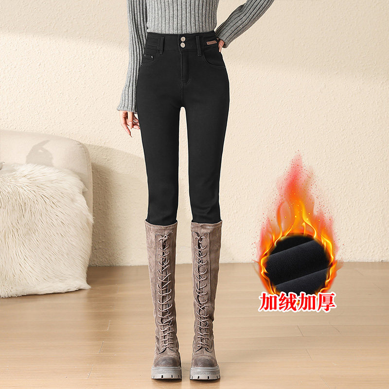 加绒牛仔靴裤小脚裤女2025冬季高腰显瘦百搭黑色修身小个子九分裤