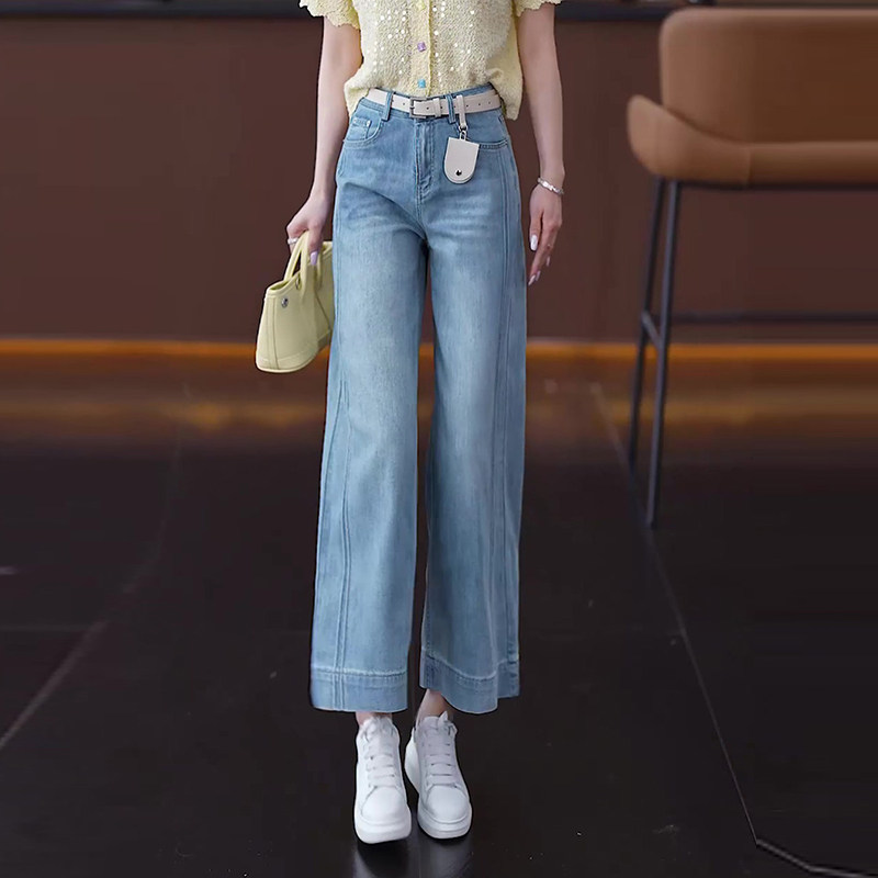 韩系蓝色九分阔腿牛仔裤女2025夏季新款大码小个子高腰宽松直筒裤