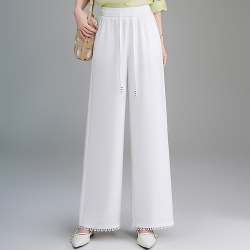 白色蕾丝边休闲阔腿裤女2026春夏季薄款高腰显瘦垂感小个子直筒裤