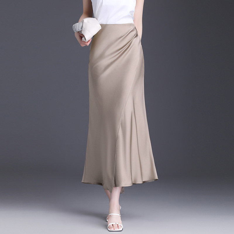 醋酸缎面a字鱼尾裙女春夏2024新款高腰垂坠感显瘦半身长裙包臀裙