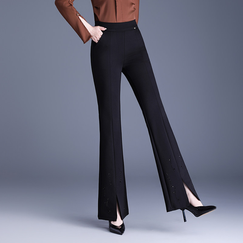 烫钻开叉微喇裤女秋2025新款高腰时尚垂感休闲大码女裤松紧腰裤子