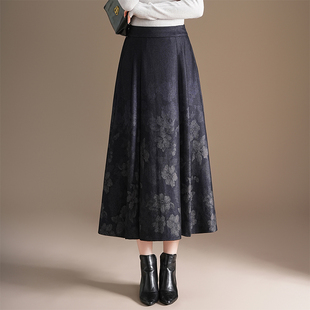 2025冬季新款半身裙女印花新中式毛呢裙子长裙高腰显瘦百褶a字裙