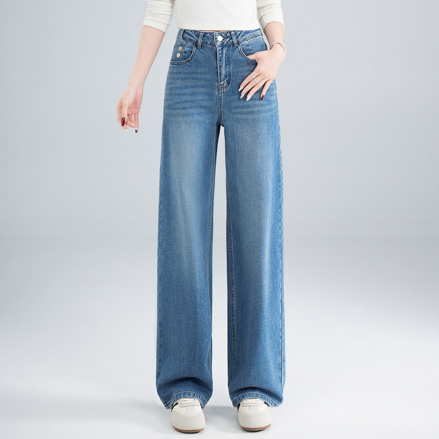 高腰柔软窄版阔腿牛仔裤女2026春季新百搭垂感显瘦宽松直筒弯刀裤