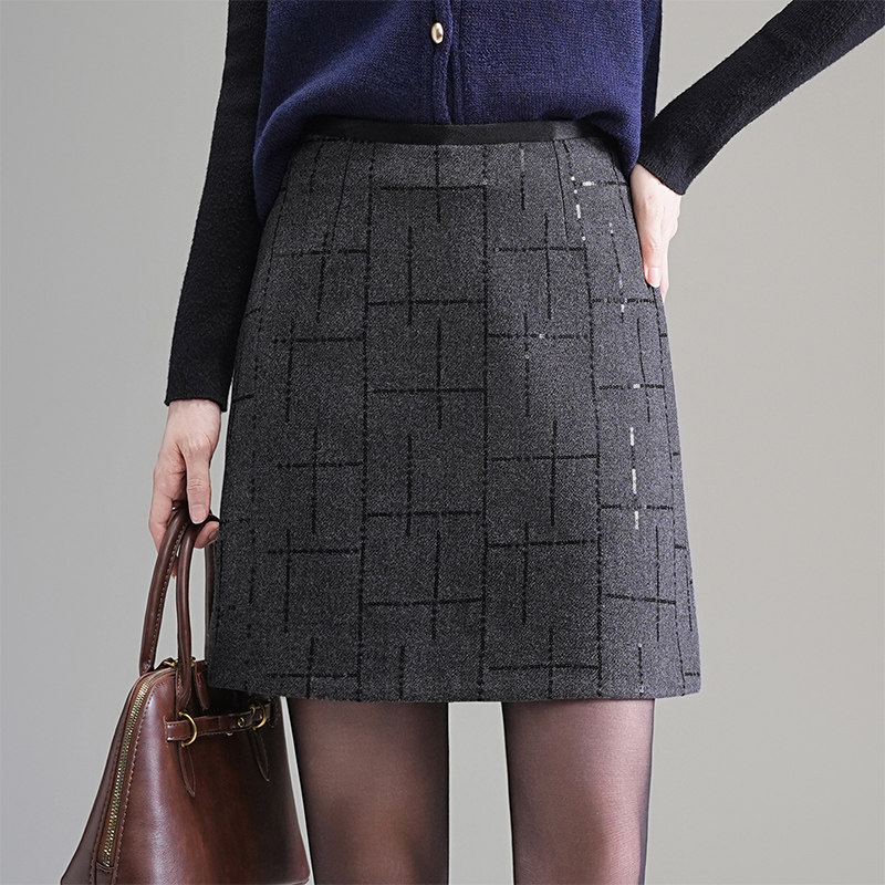 毛呢时尚珠片半身裙女秋冬季高腰显瘦a字短裙格纹气质裙子包臀裙