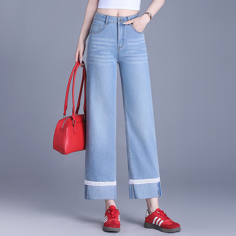 天丝牛仔直筒裤女2025夏薄款高腰显瘦九分裤小个子翻边蕾丝烟管裤