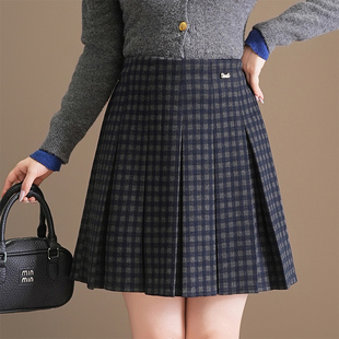 秋冬短款毛呢格子百褶裙a字裙女2025新款高腰显瘦遮胯半身裙短裙