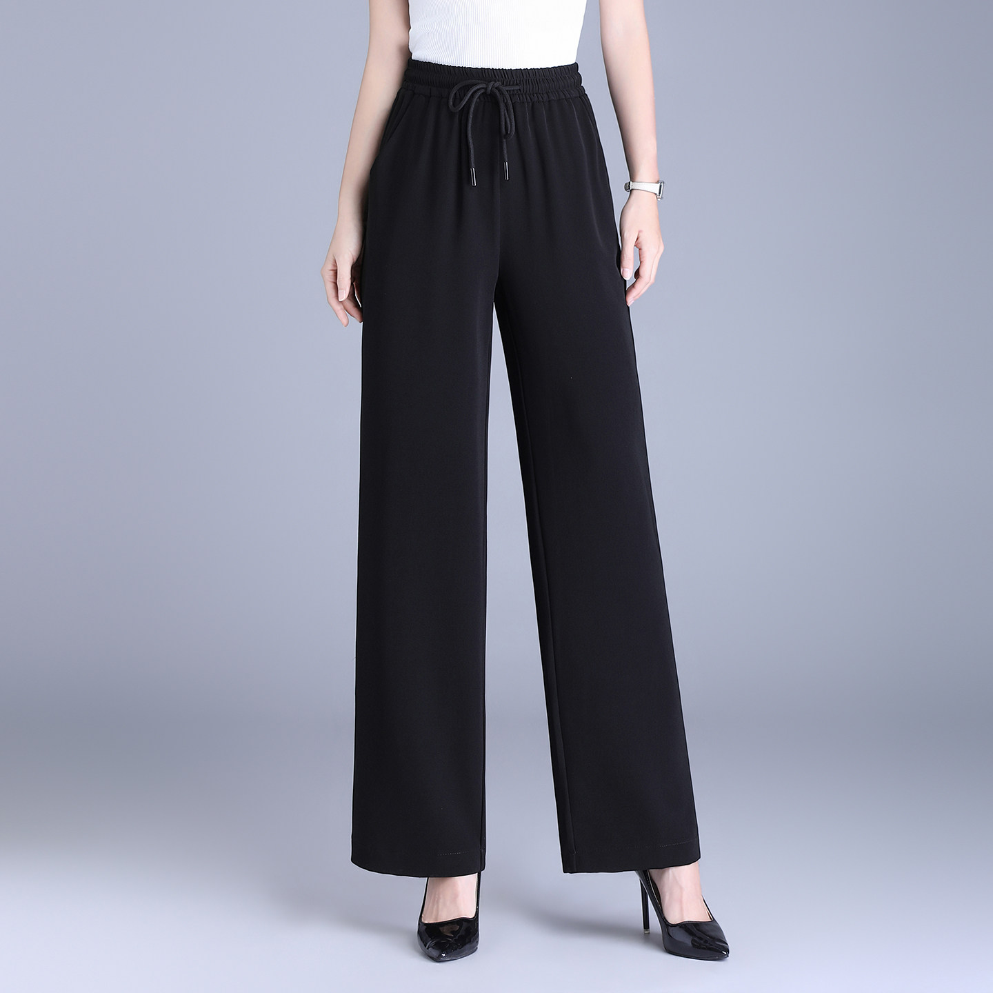 黑色窄版阔腿裤女春夏季薄款高腰显瘦垂感宽松直筒裤子休闲长裤