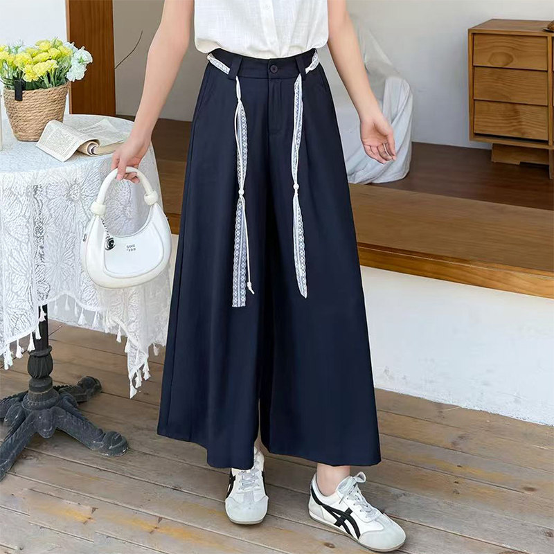 藏蓝色休闲阔腿裤女2026春夏季薄款高腰显瘦宽松裙裤小个子九分裤