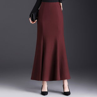 秋冬女2024新款加长款到脚踝气质垂感修身红色鱼尾包臀裙半身长裙