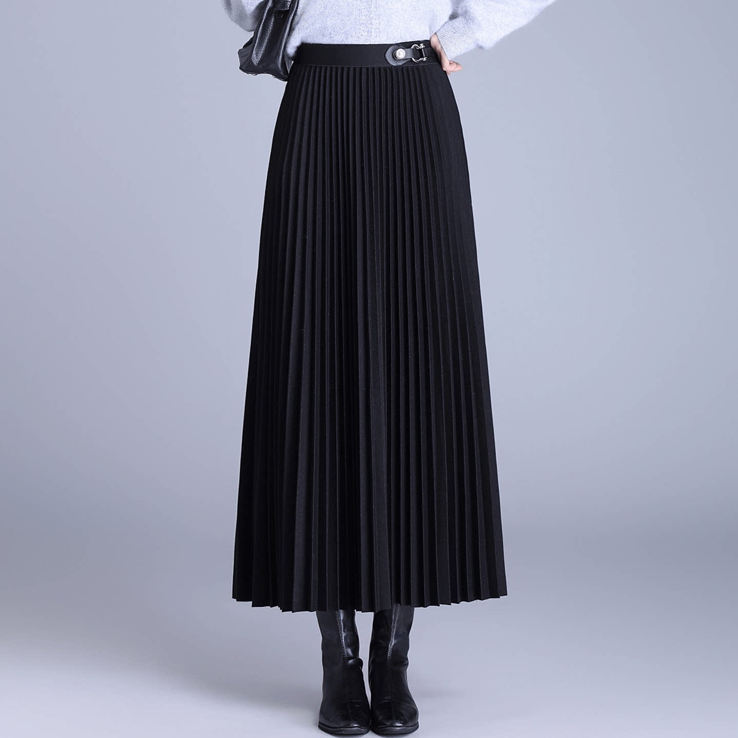 高级感黑色风琴裙子半身裙女2025秋冬新款长裙加厚毛呢百褶裙冬裙