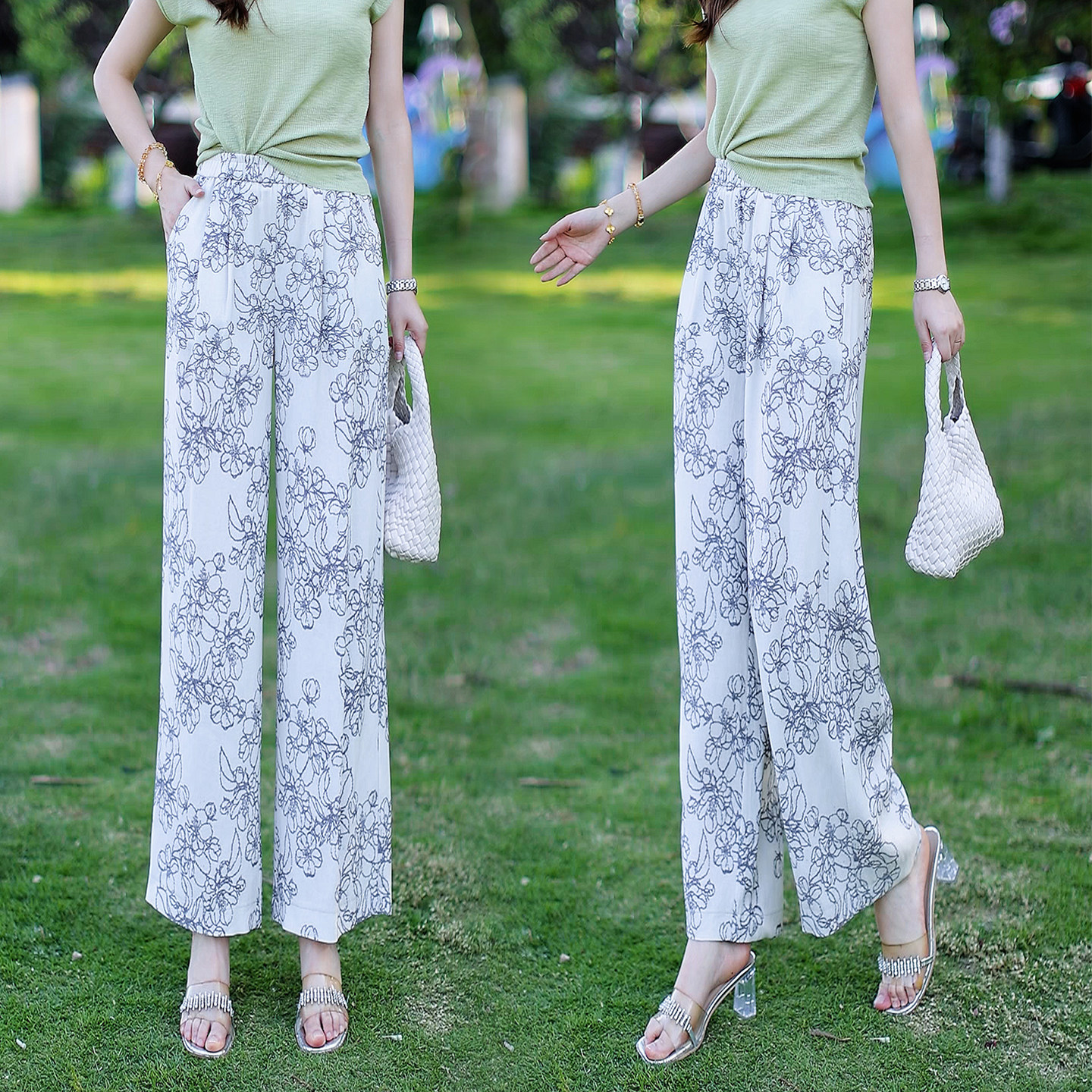 垂坠感显瘦高腰阔腿裤女夏薄款宽松时尚印花亚麻直筒休闲裤九分裤