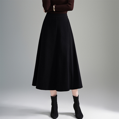 黑色毛呢a字半身裙女秋冬新款高腰显瘦大摆伞裙遮胯梨形中长裙子