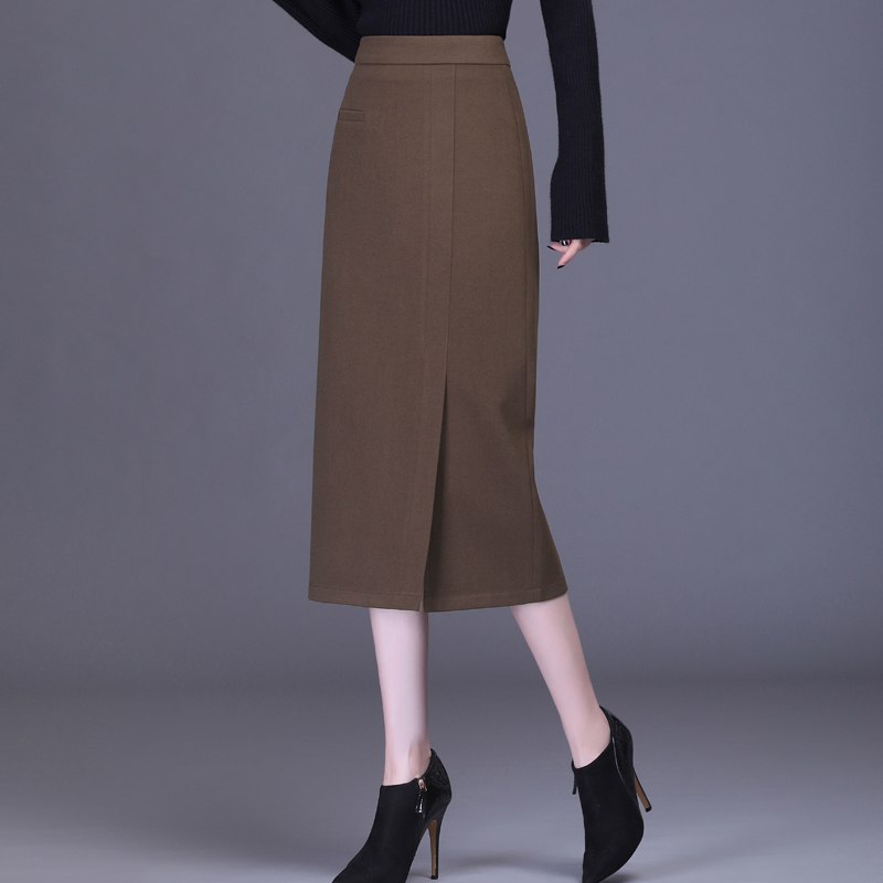 毛呢咖色半身裙女中长裙包臀高腰一步裙垂感直筒裙子2023新款秋冬